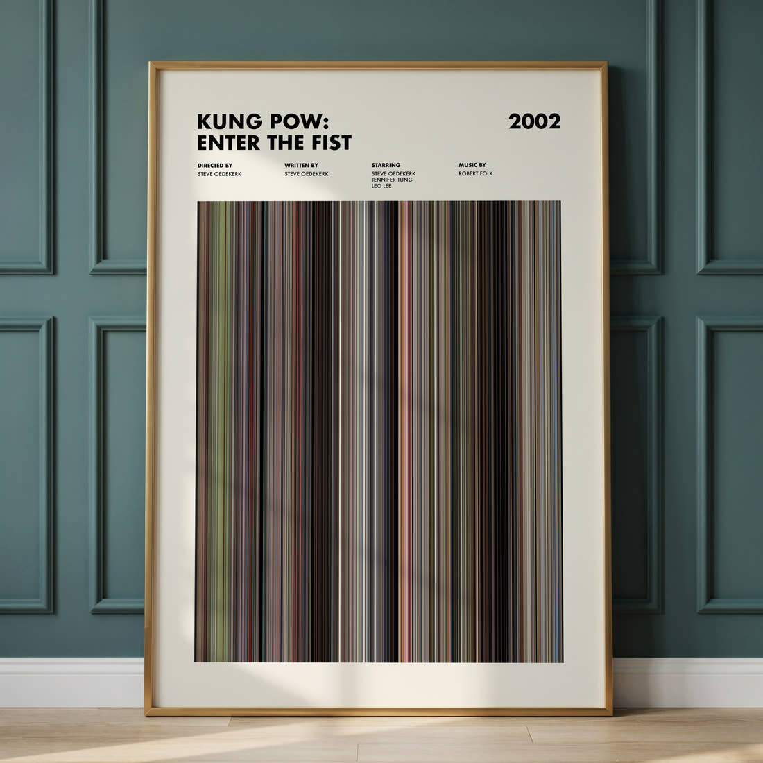 Kung Pow: Enter the Fist Movie Barcode Poster framed and leaning against a panelled wall