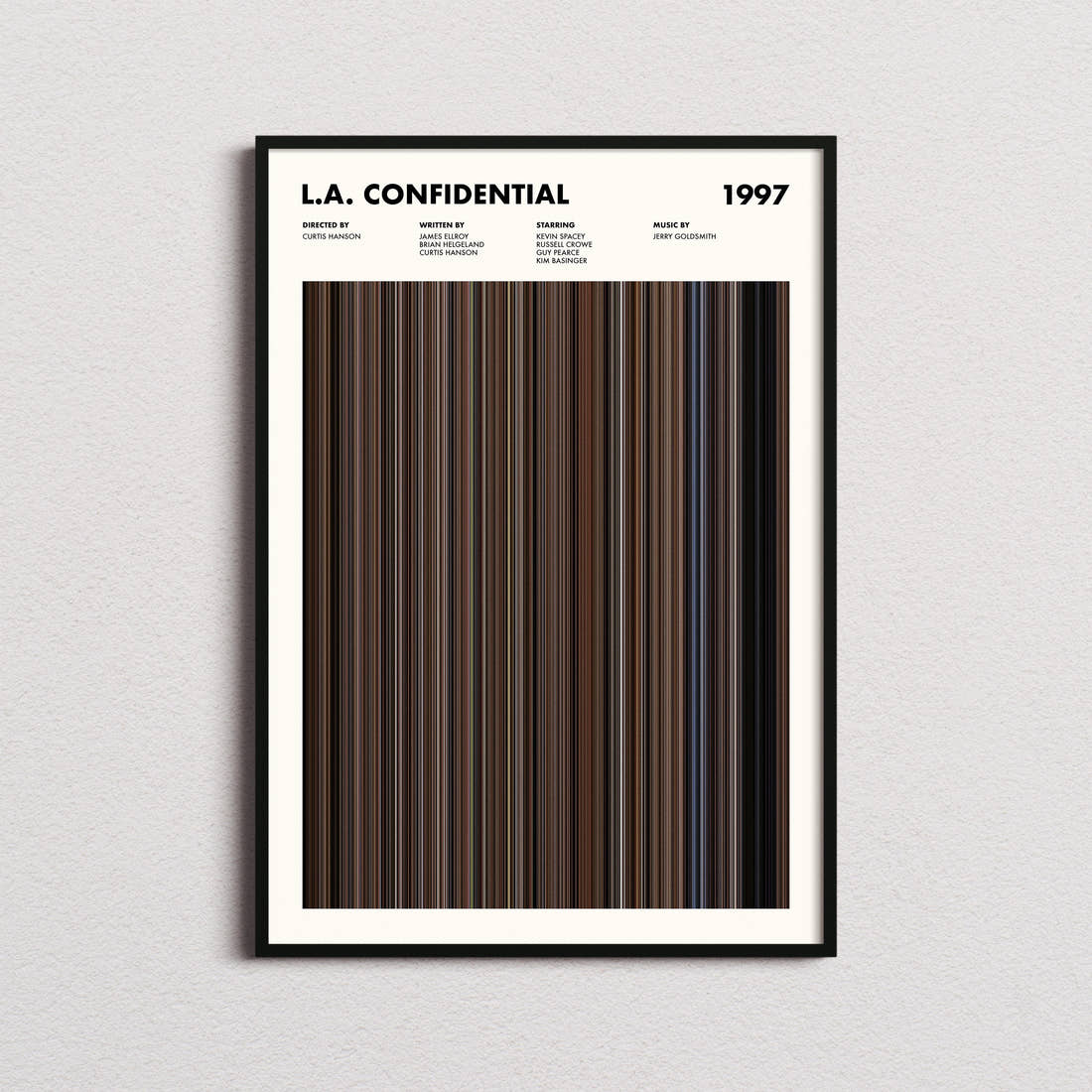 LA Confidential Movie Barcode Poster framed on a plain studio wall