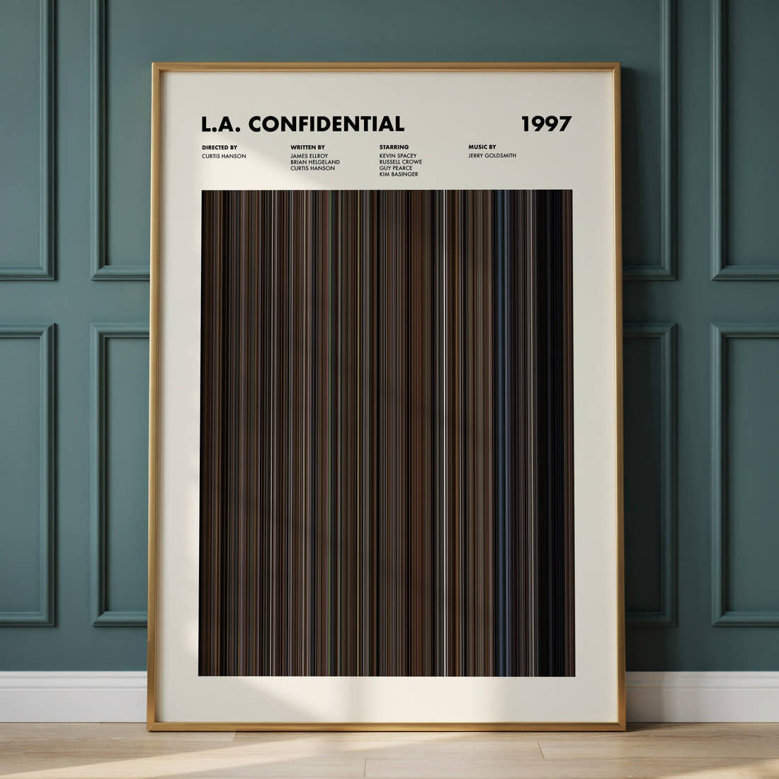 LA Confidential Movie Barcode Poster framed and leaning against a panelled wall