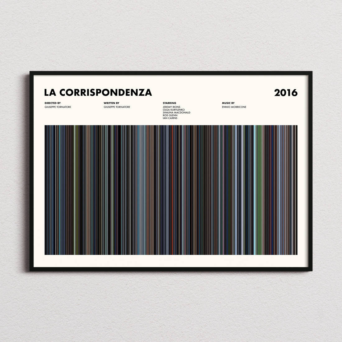 La Corrispondenza Movie Barcode Poster framed and photographed straight on