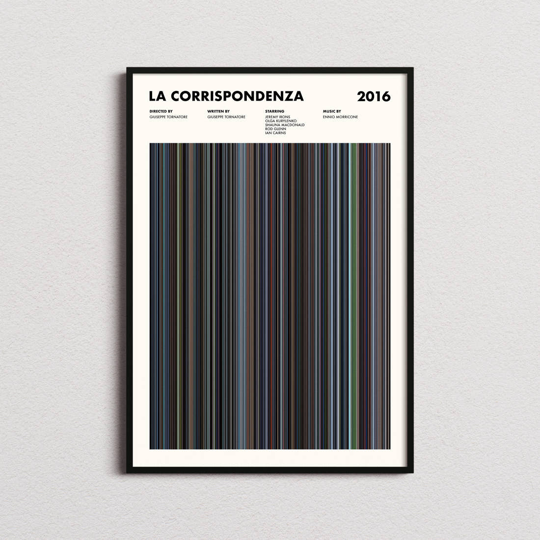 La Corrispondenza Movie Barcode Poster framed on a plain studio wall