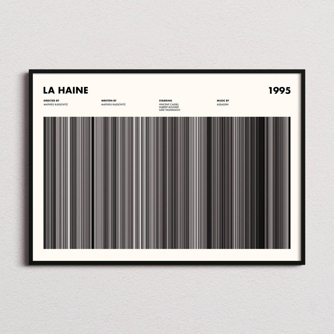 La Haine Movie Barcode Poster framed and photographed straight on