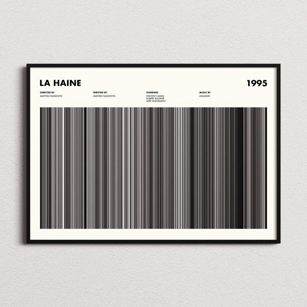 La Haine Movie Barcode Poster framed and photographed straight on