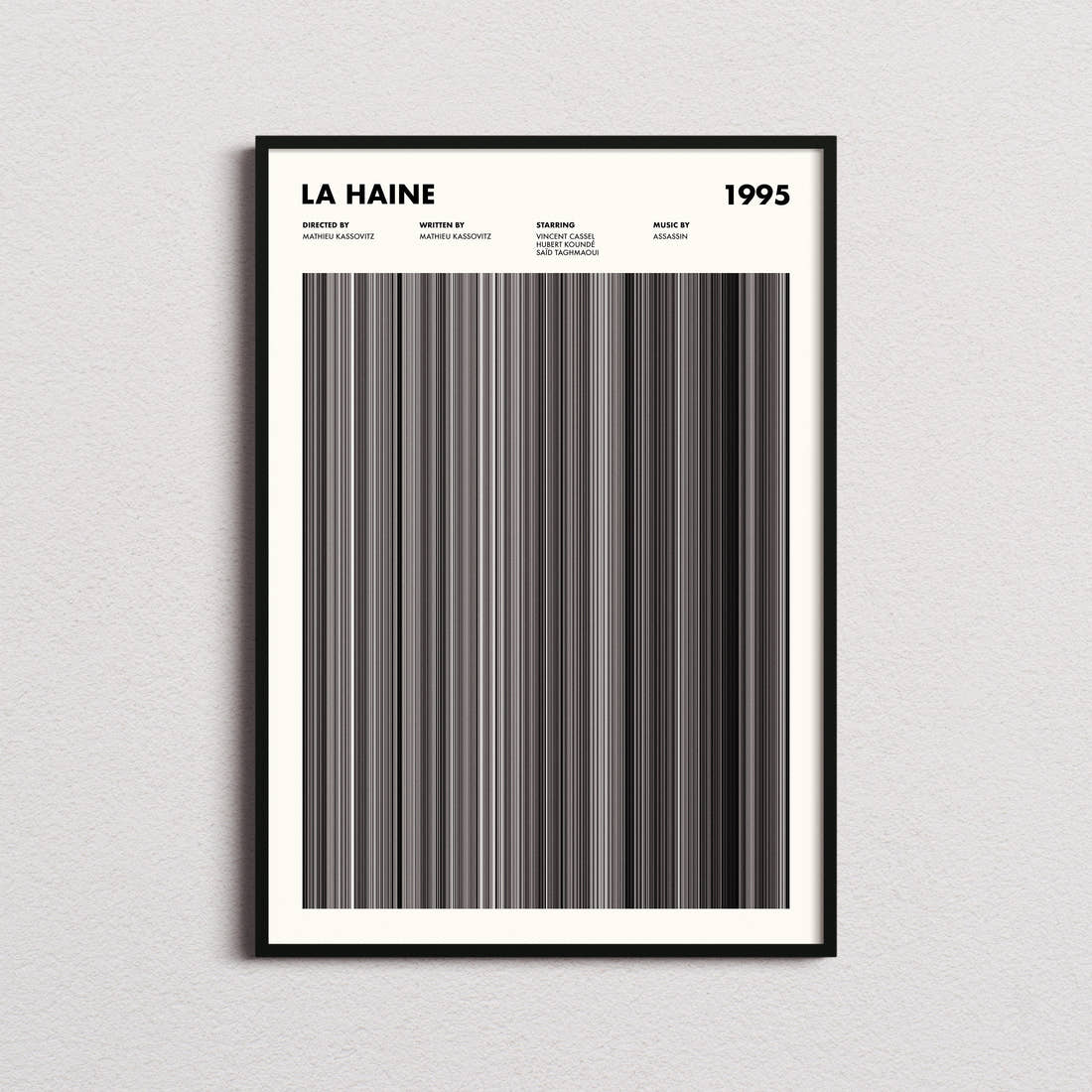 La Haine Movie Barcode Poster framed on a plain studio wall