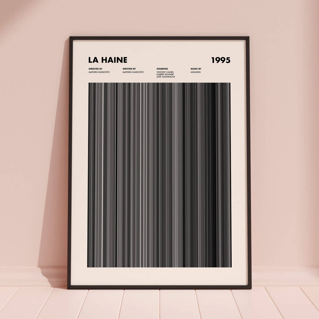 La Haine Movie Barcode Poster framed and leaning against a coloured wall