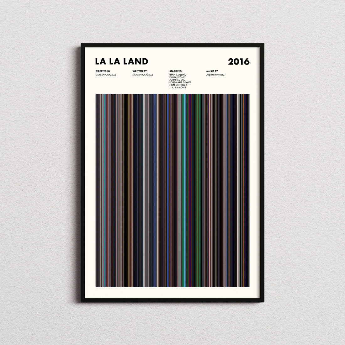 La La Land Movie Barcode Poster framed on a plain studio wall