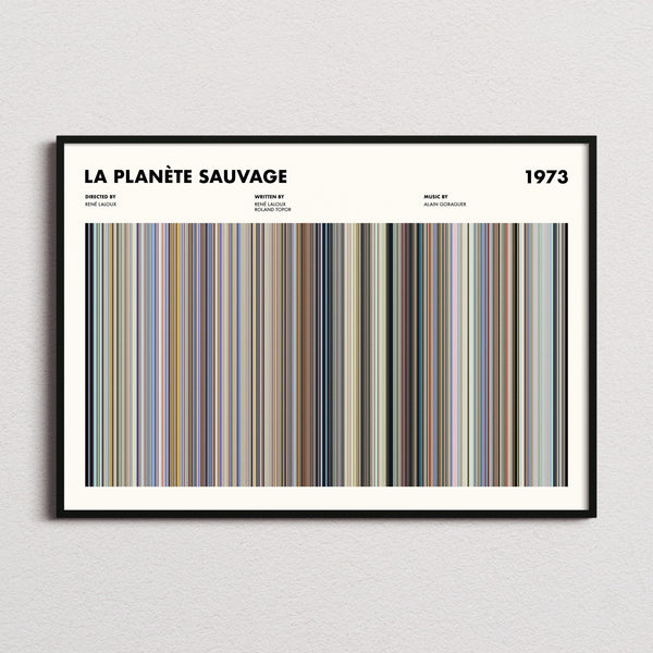 La Planète Sauvage Movie Barcode Poster framed and photographed straight on