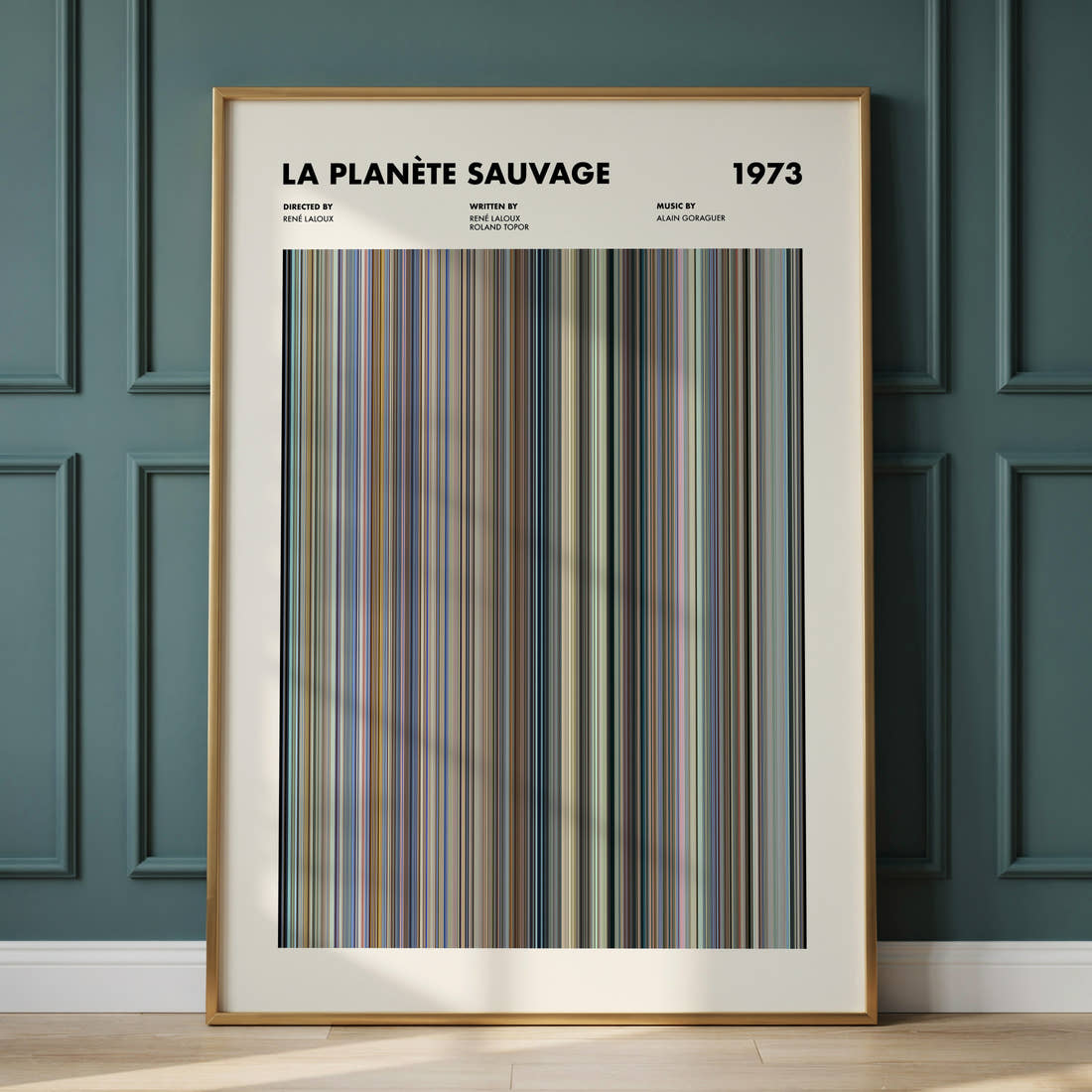 La Planète Sauvage Movie Barcode Poster framed and leaning against a panelled wall