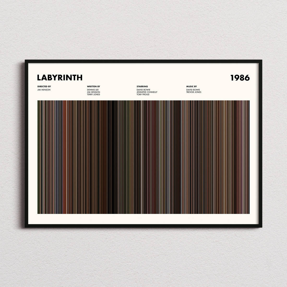 Labyrinth Movie Barcode Poster framed and photographed straight on
