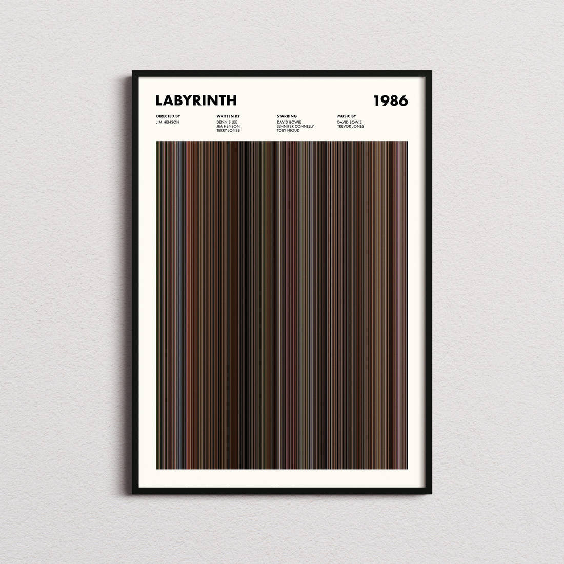 Labyrinth Movie Barcode Poster framed on a plain studio wall