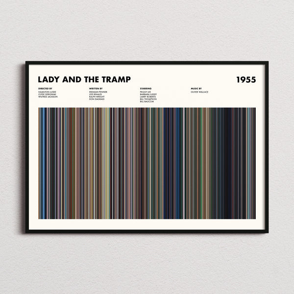 Lady and the Tramp Movie Barcode Poster framed and photographed straight on
