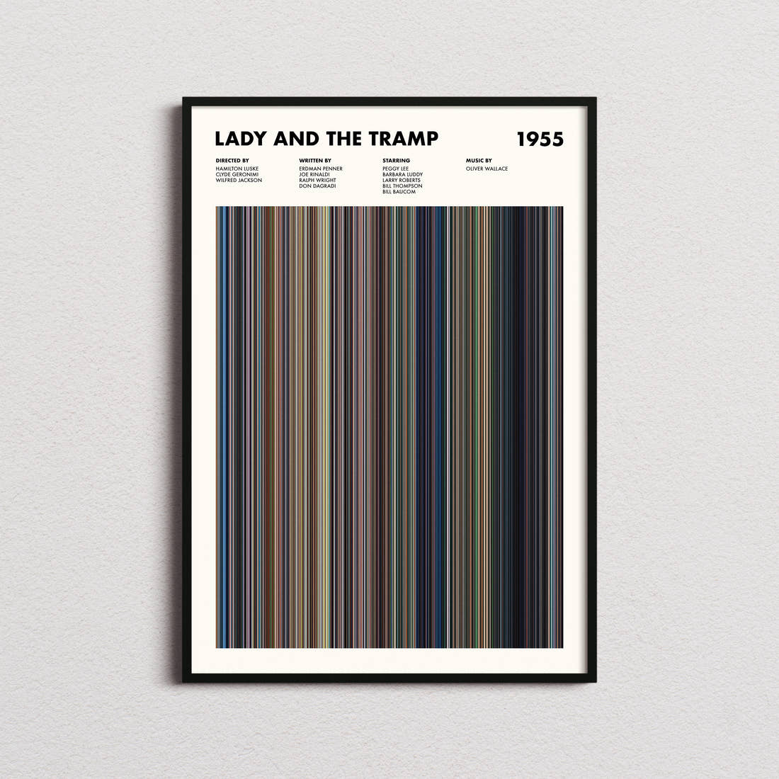 Lady and the Tramp Movie Barcode Poster framed on a plain studio wall