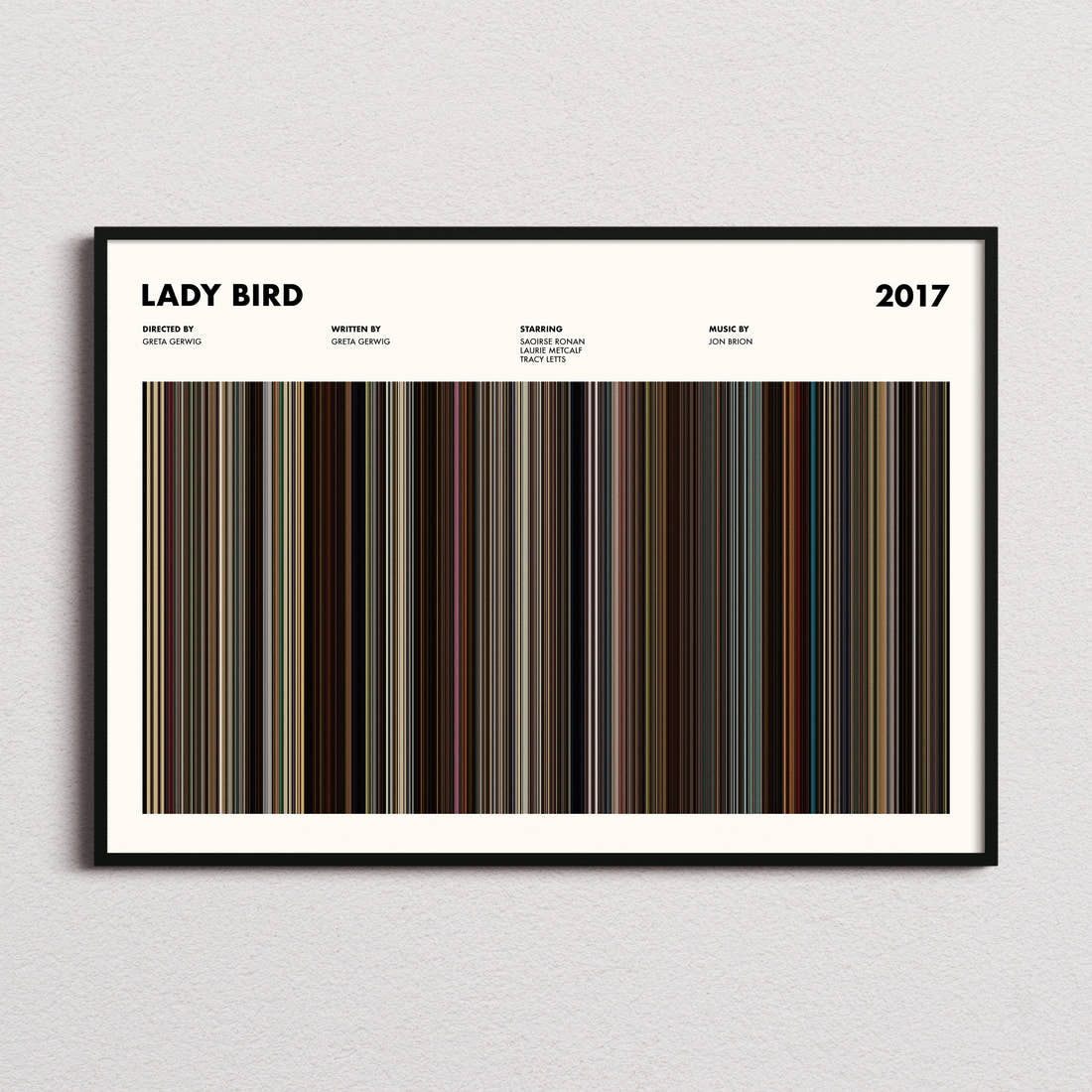 Lady Bird Movie Barcode Poster framed and photographed straight on