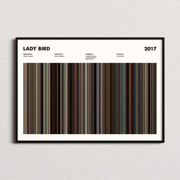 Lady Bird Movie Barcode Poster framed and photographed straight on