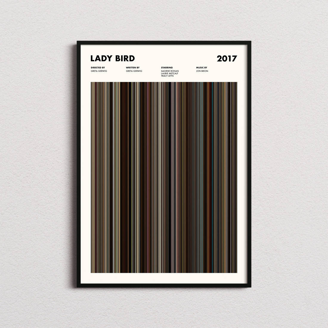 Lady Bird Movie Barcode Poster framed on a plain studio wall