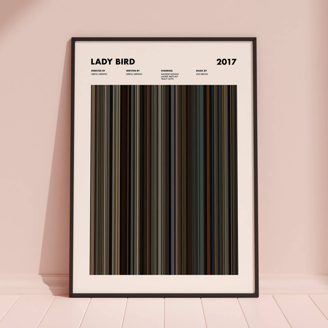 Lady Bird Movie Barcode Poster framed and leaning against a coloured wall