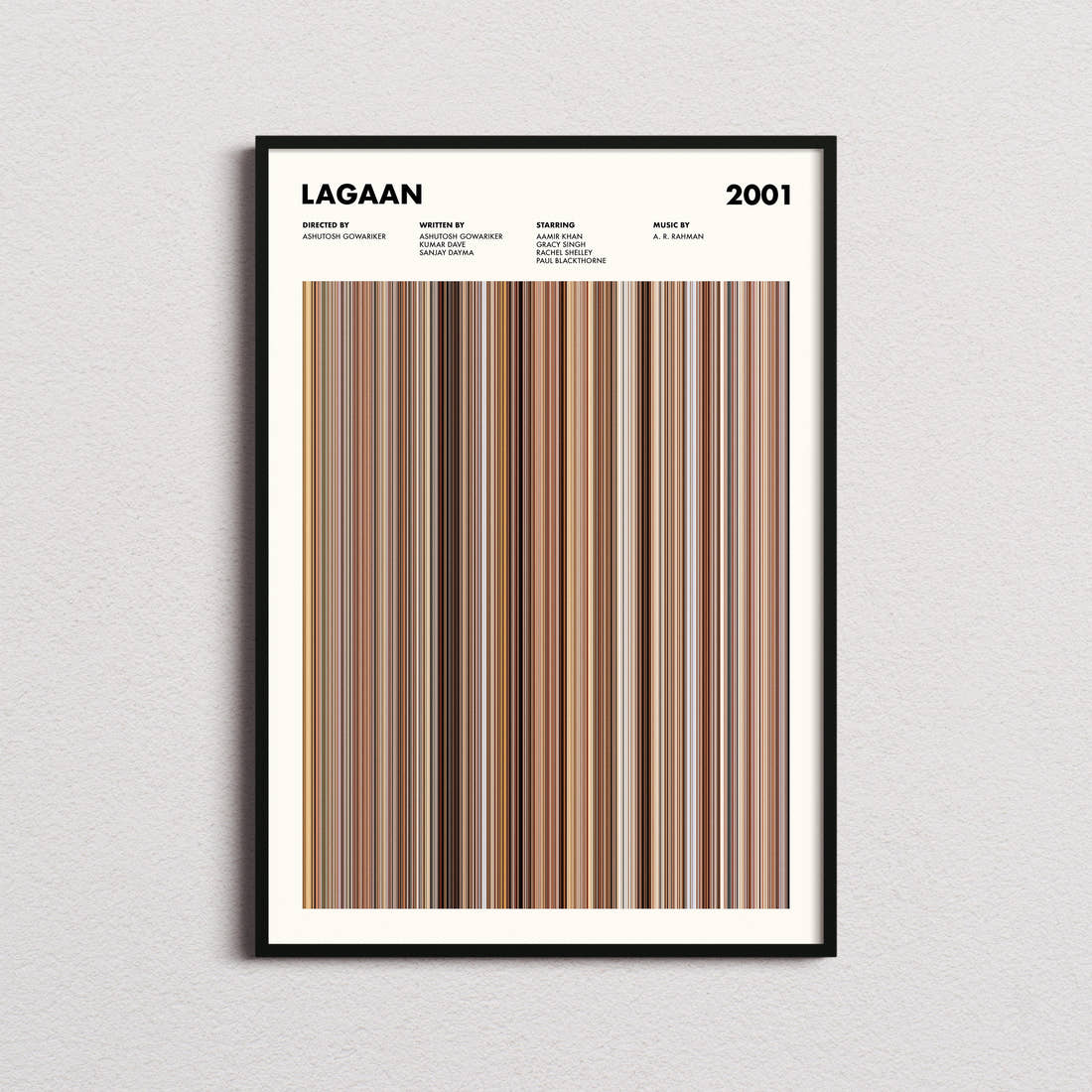 Lagaan Movie Barcode Poster framed on a plain studio wall