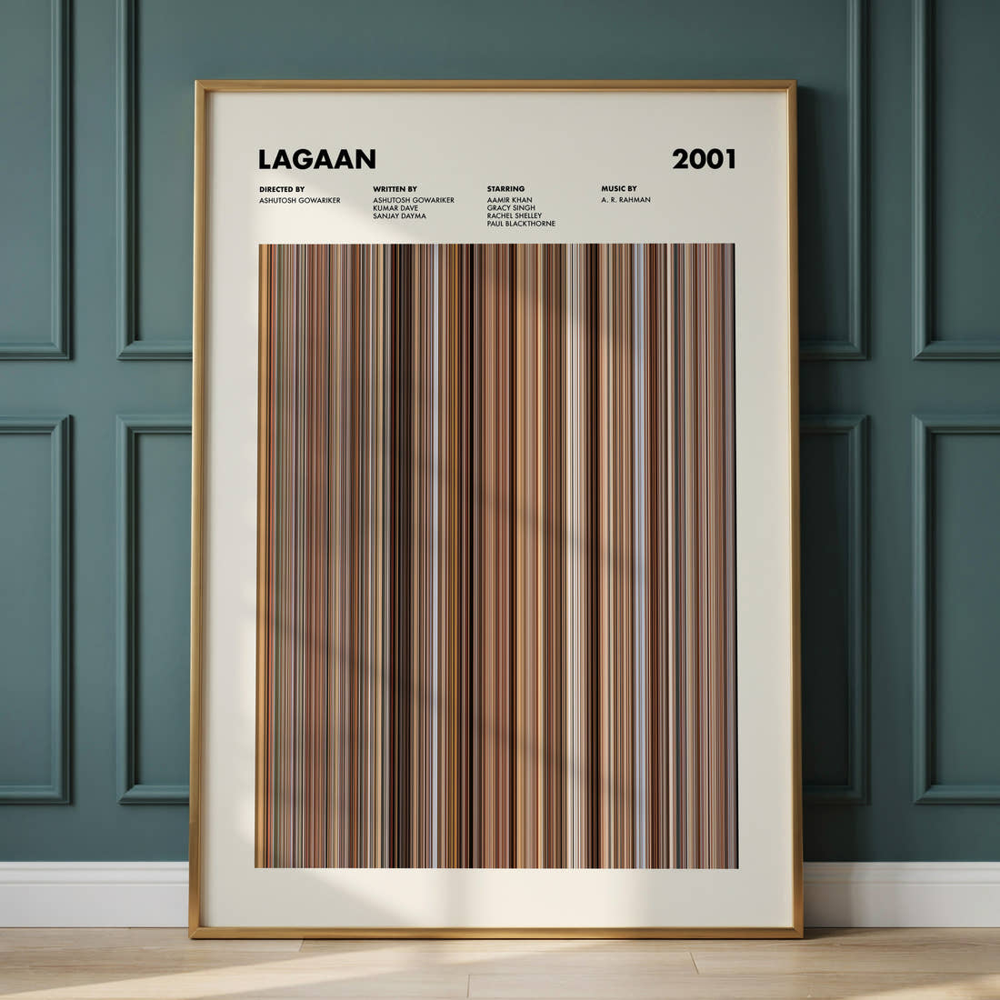 Lagaan Movie Barcode Poster framed and leaning against a panelled wall