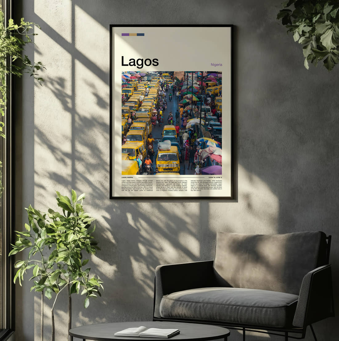 Lagos Yellow Buses In Traffic Travel Print framed on the wall of a relaxed living room