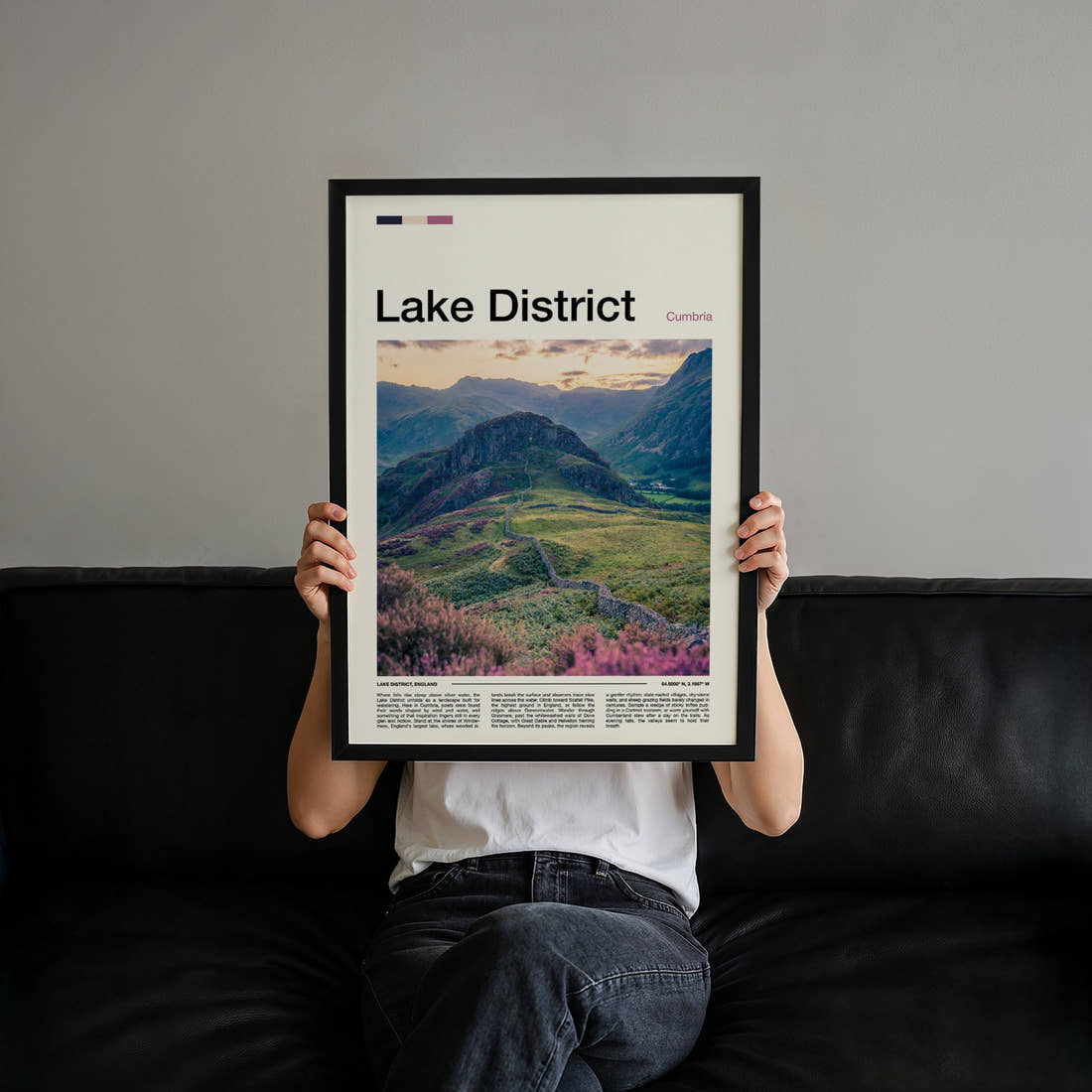 Lake District Fell Ridge Pathway Travel Print held up by hand to show the size of the print