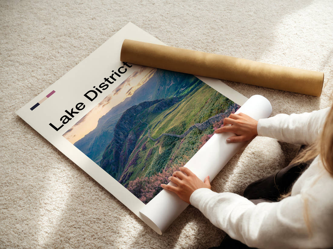 Lake District Fell Ridge Pathway Travel Print being unrolled from its postal tube