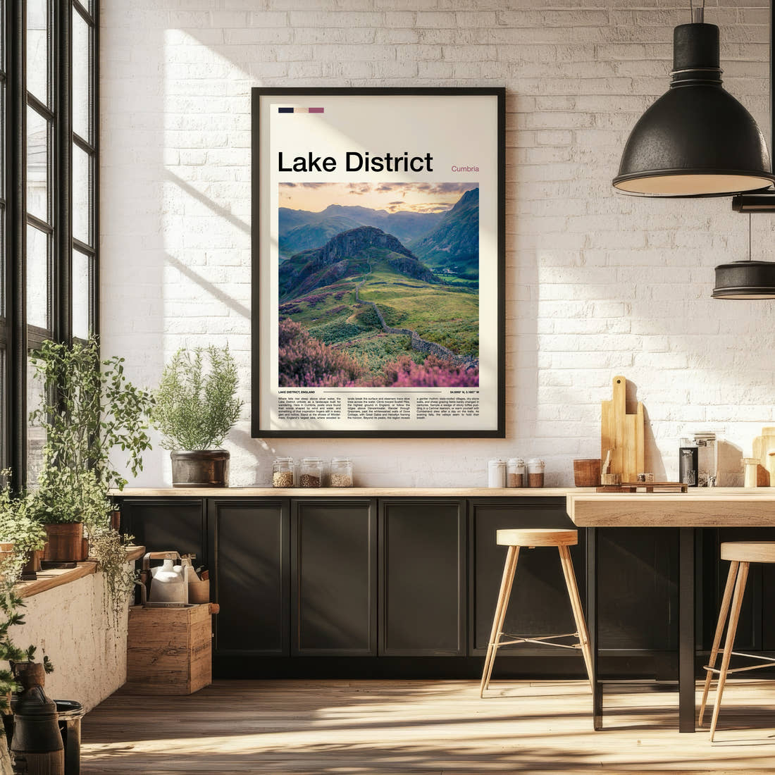 Lake District Fell Ridge Pathway Travel Print framed on the wall of a bright kitchen and dining space
