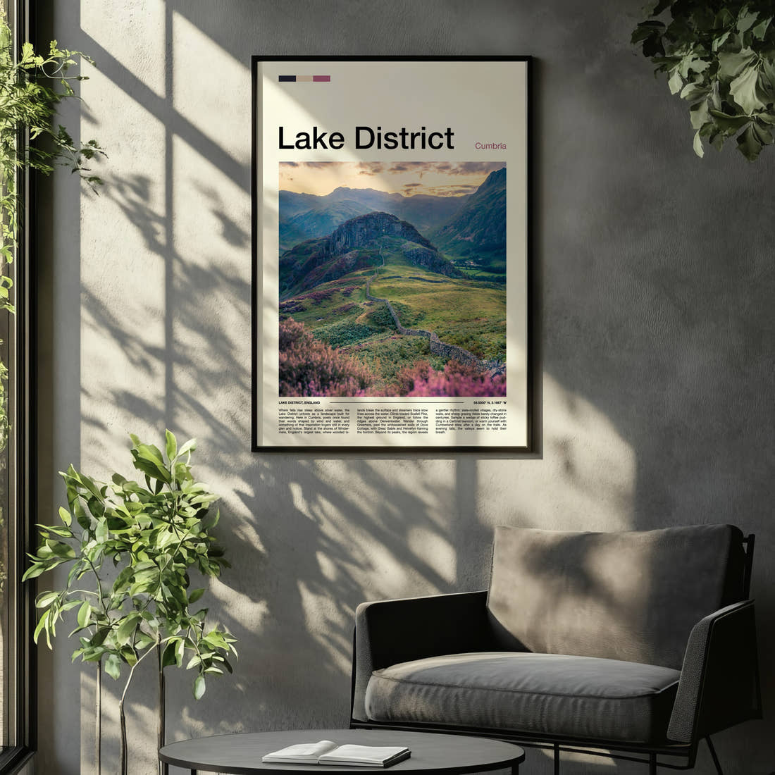 Lake District Fell Ridge Pathway Travel Print framed on the wall of a relaxed living room