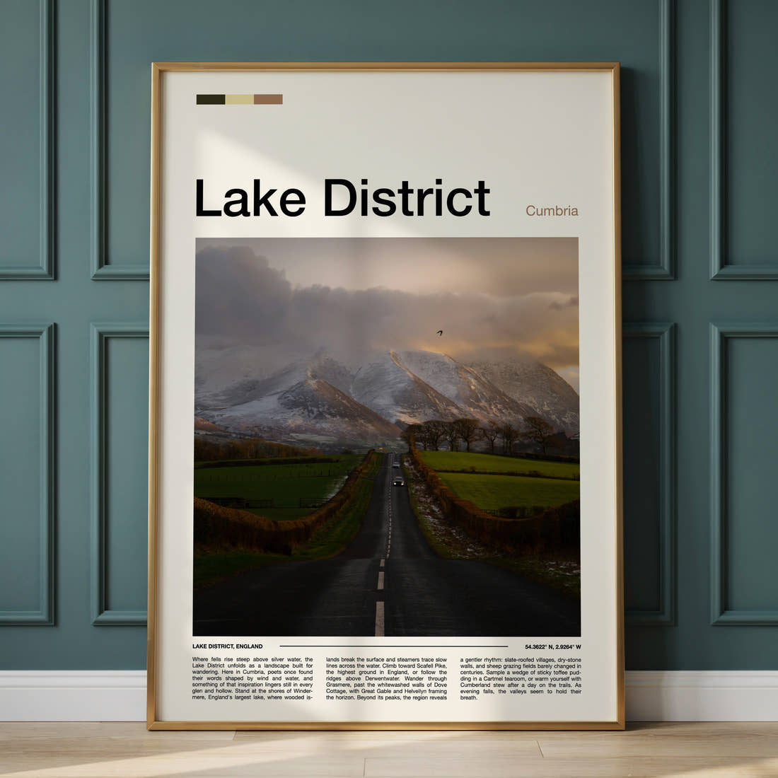 Lake District Fell Road At Dusk Travel Print framed on the wall of a calm, neutral bedroom