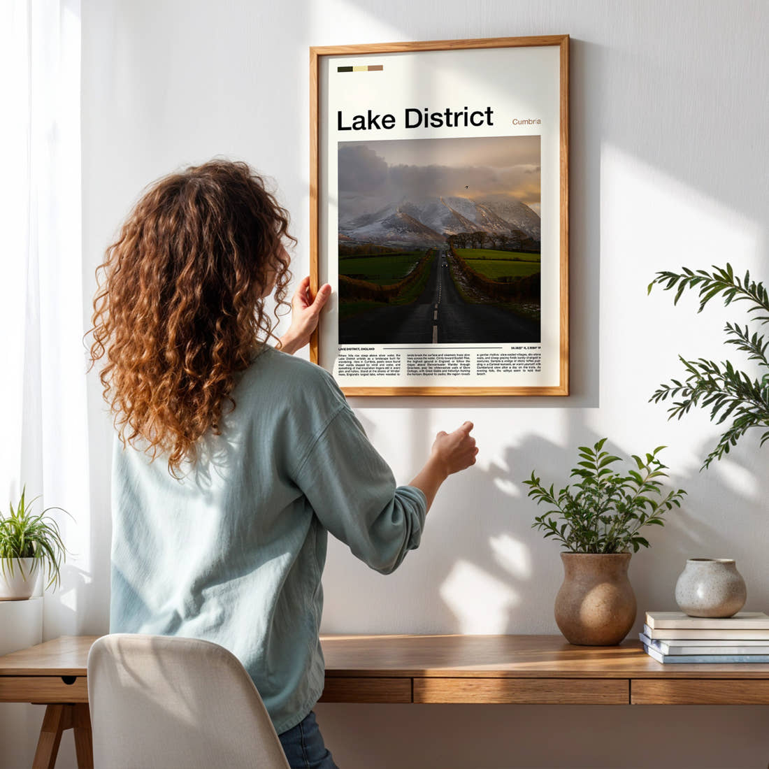 Lake District Fell Road At Dusk Travel Print framed on a pale wall beside houseplants