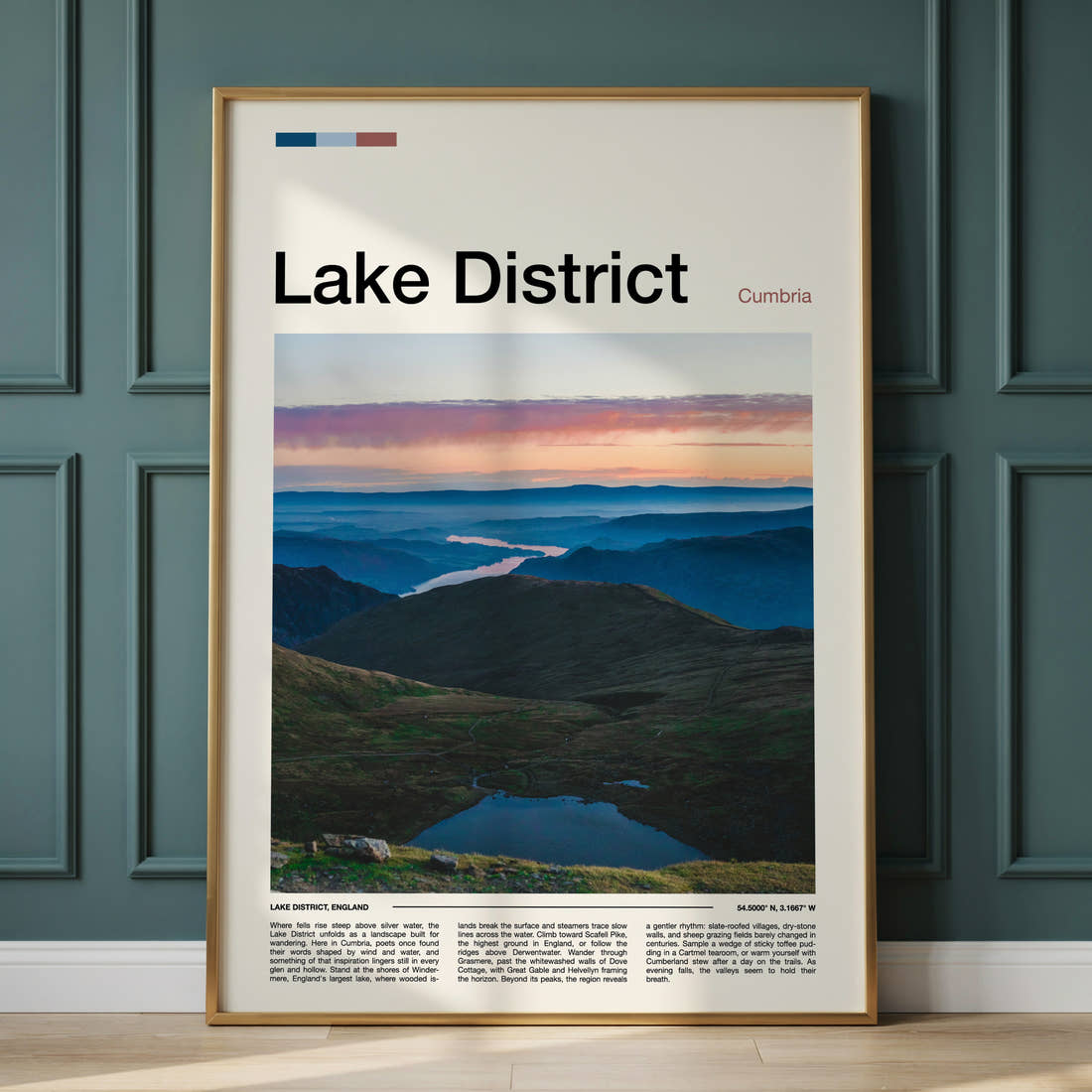 Lake District Misty Valley Panorama Travel Print framed on the wall of a calm, neutral bedroom