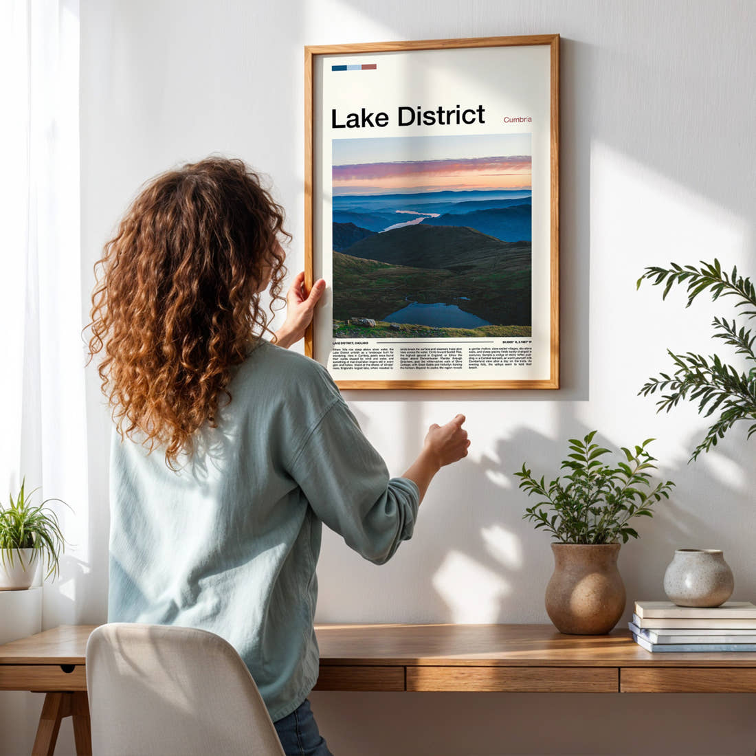 Lake District Misty Valley Panorama Travel Print framed on a pale wall beside houseplants