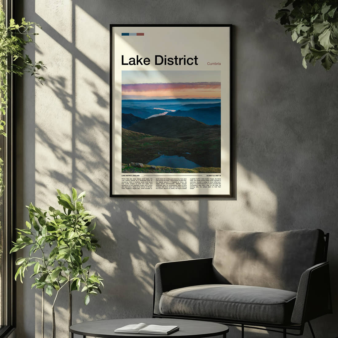Lake District Misty Valley Panorama Travel Print framed on the wall of a relaxed living room