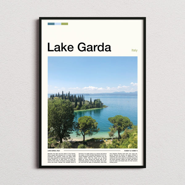 Lake Garda Cypress Lined Shoreline Travel Print framed and photographed straight on
