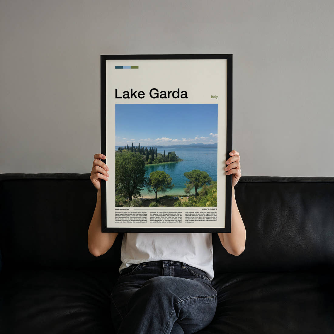 Lake Garda Cypress Lined Shoreline Travel Print held up by hand to show the size of the print