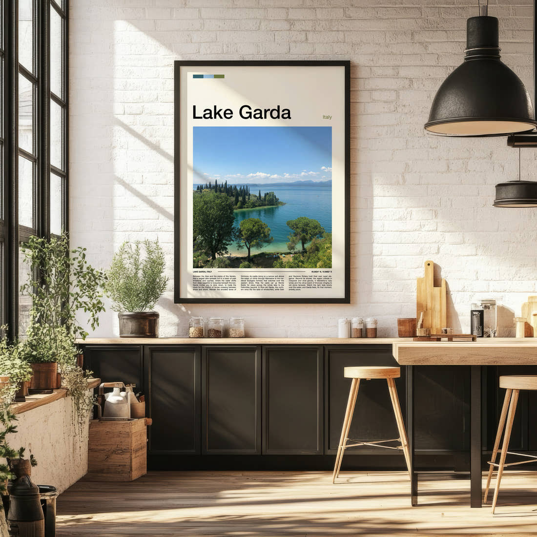 Lake Garda Cypress Lined Shoreline Travel Print framed on the wall of a bright kitchen and dining space