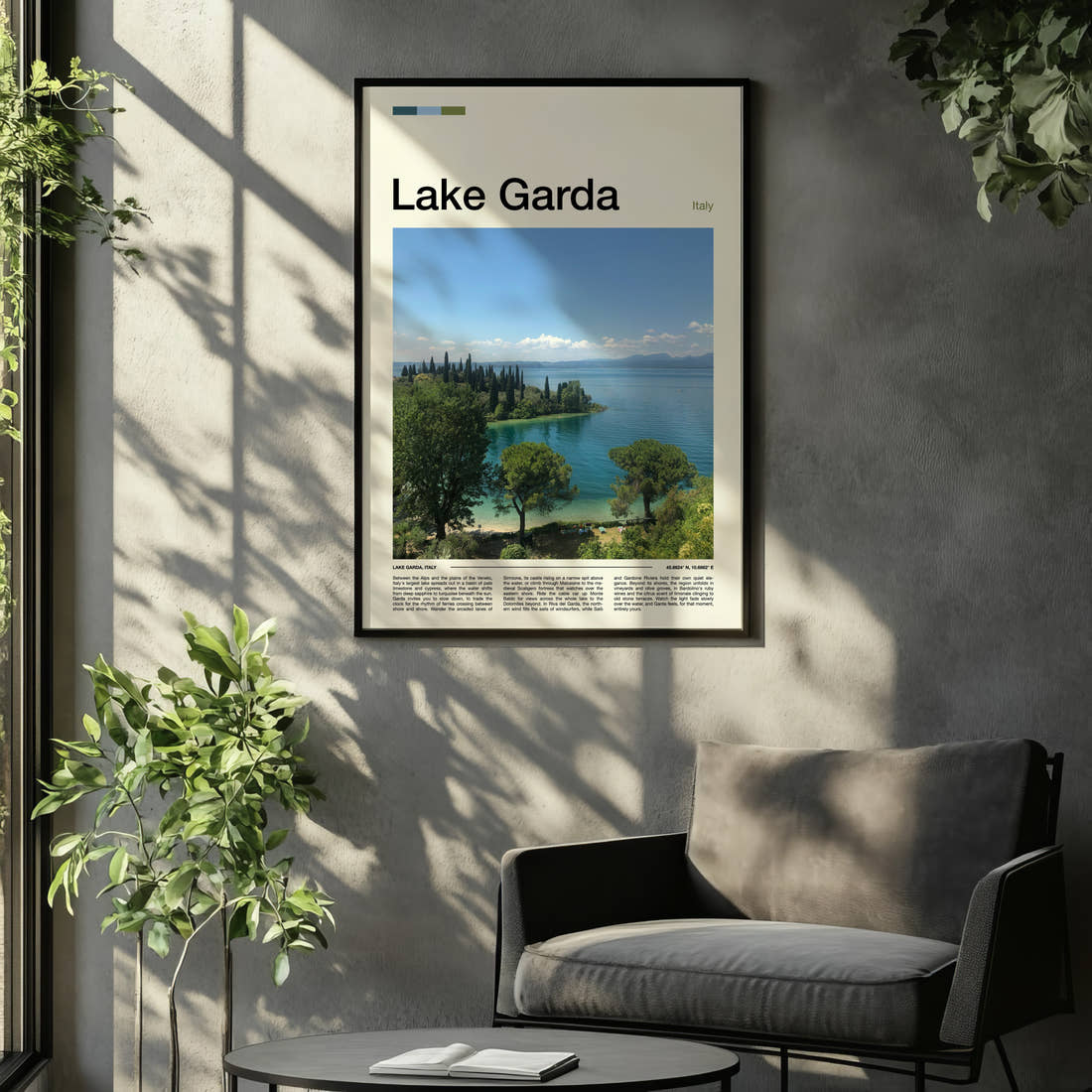Lake Garda Cypress Lined Shoreline Travel Print framed on the wall of a relaxed living room