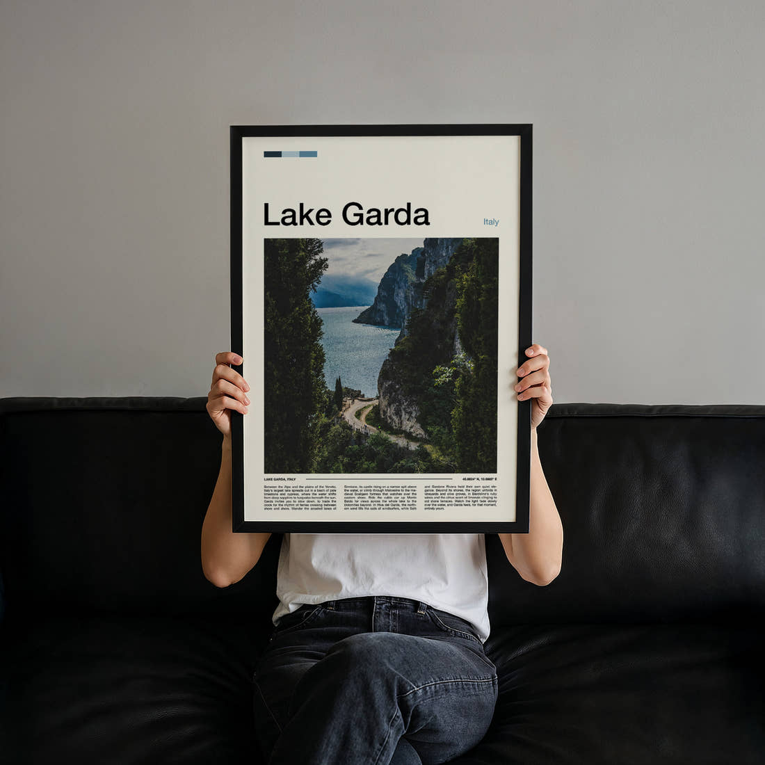 Lake Garda Cliffside Lake Path Travel Print held up by hand to show the size of the print