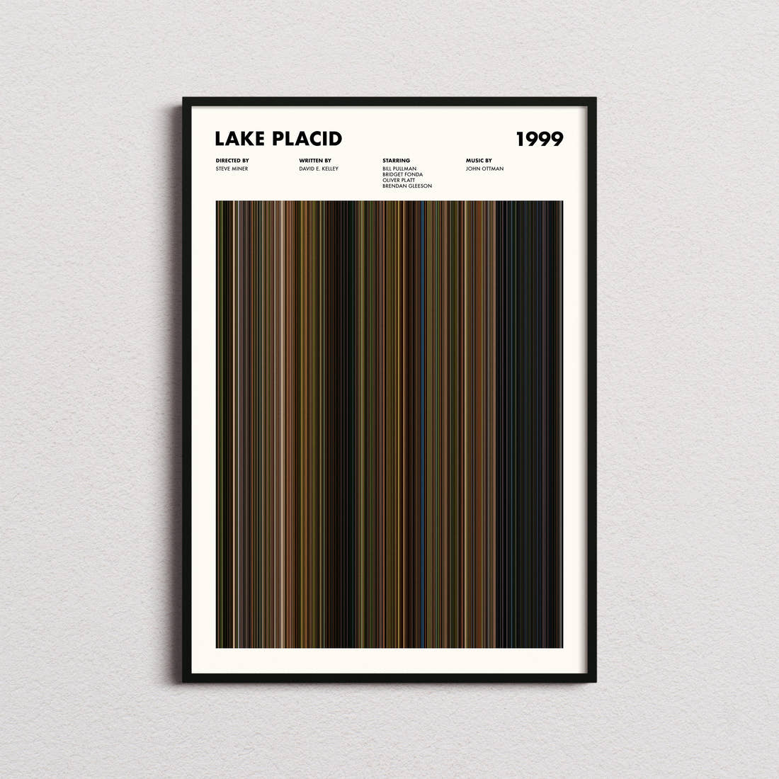 Lake Placid Movie Barcode Poster framed on a plain studio wall