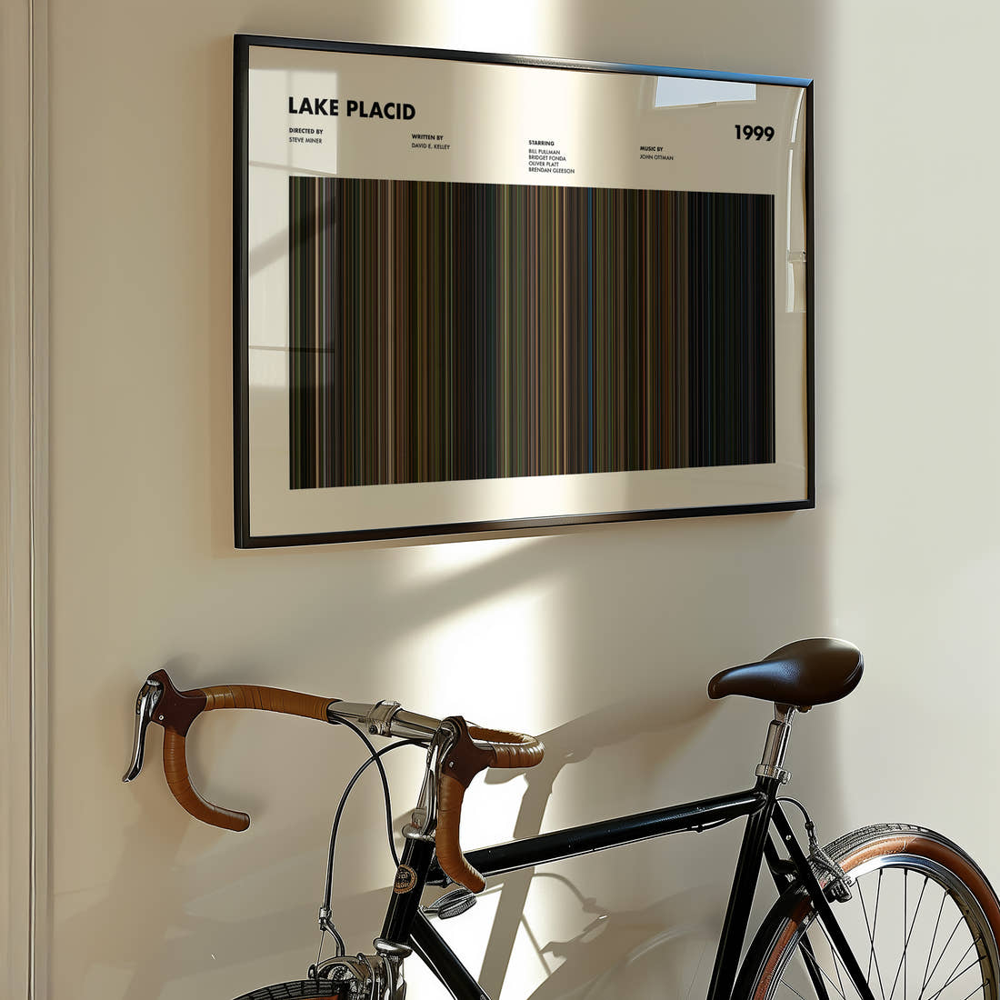 Lake Placid Movie Barcode Poster framed on the wall of a styled room setting
