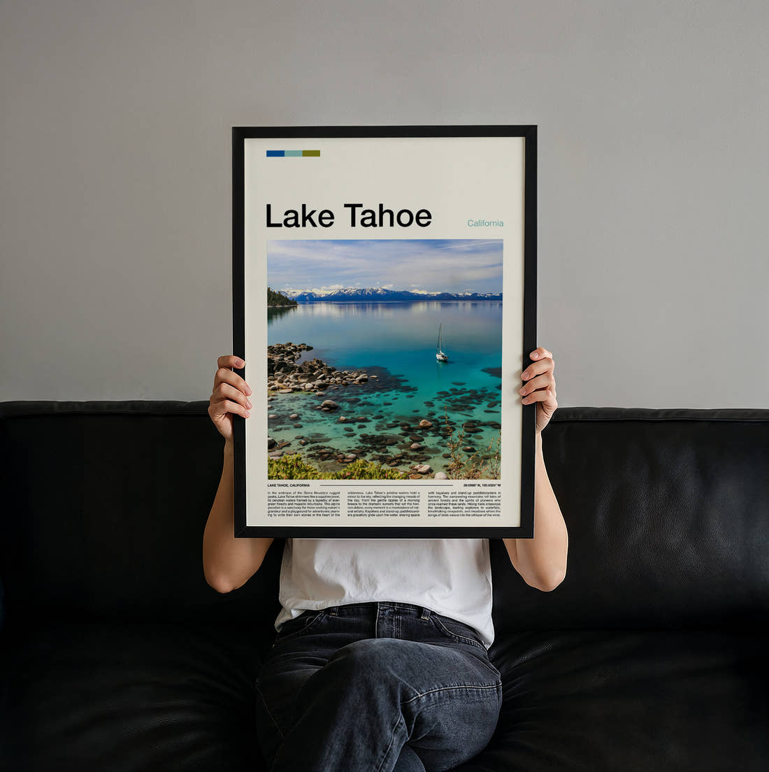 Lake Tahoe Sailing Boat On Lake Travel Print held up by hand to show the size of the print