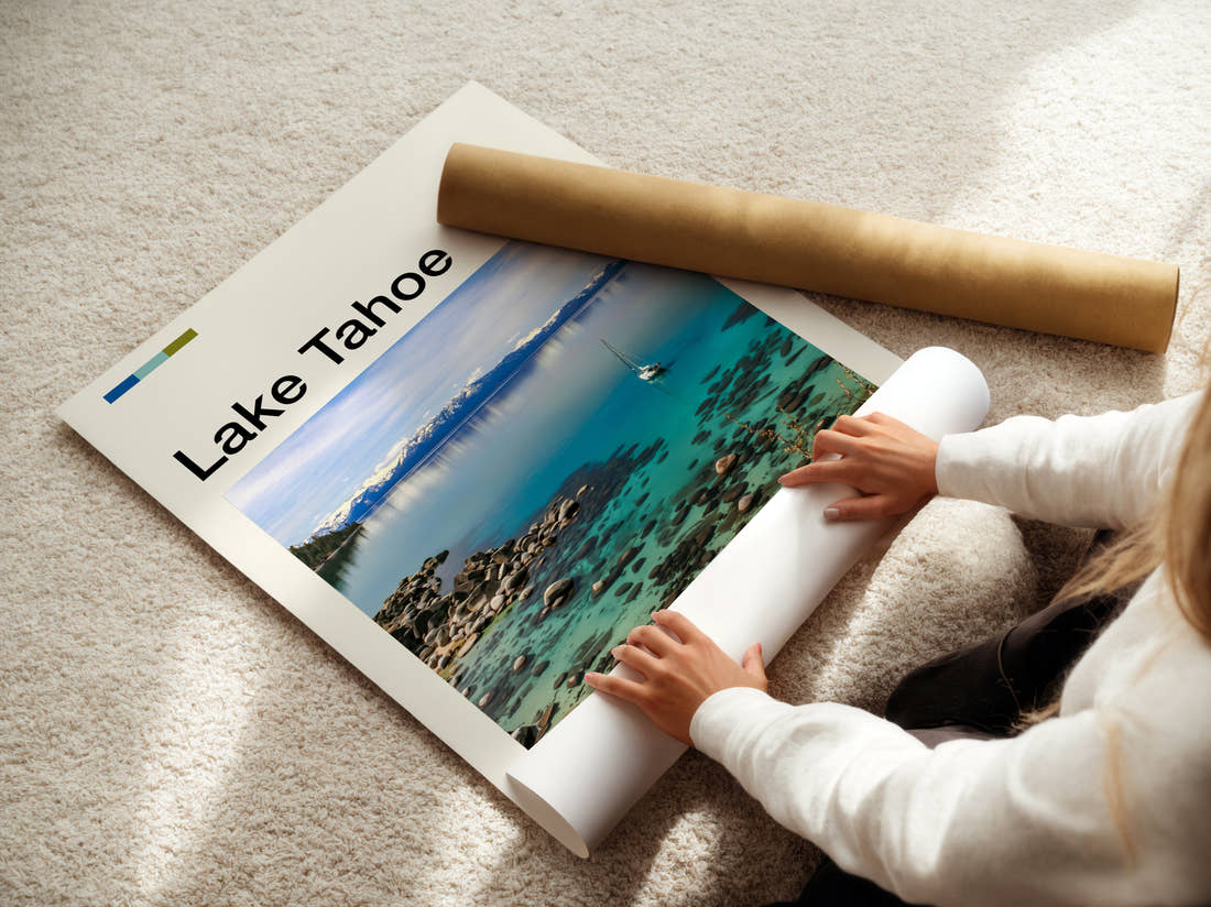 Lake Tahoe Sailing Boat On Lake Travel Print being unrolled from its postal tube