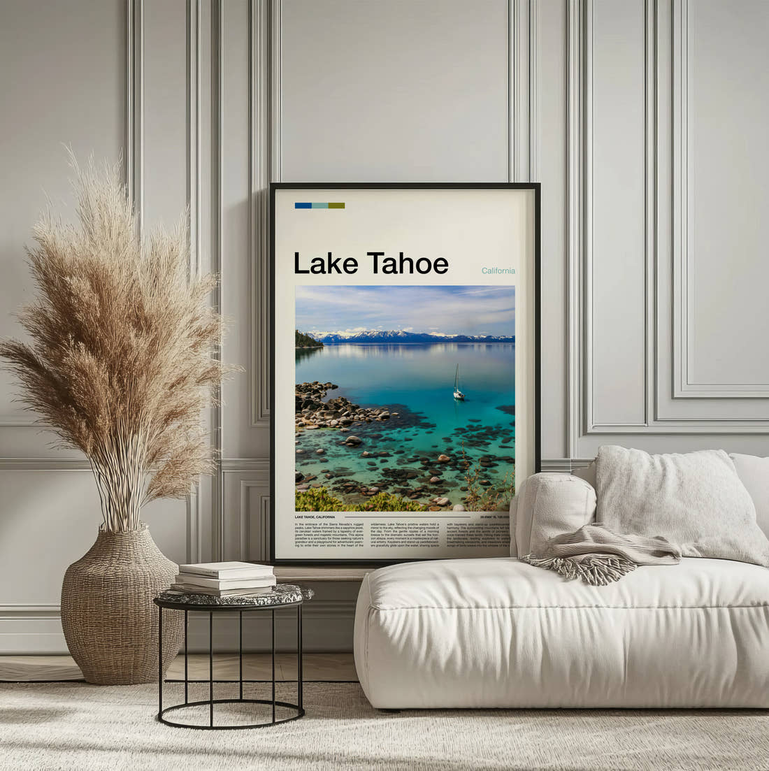 Lake Tahoe Sailing Boat On Lake Travel Print framed on the wall of a calm, neutral bedroom
