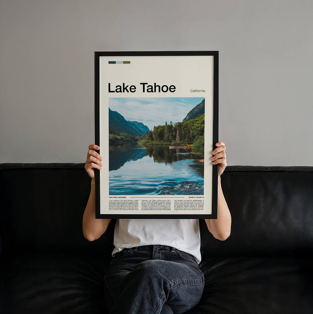 Lake Tahoe Pines Beside The Lake Travel Print held up by hand to show the size of the print