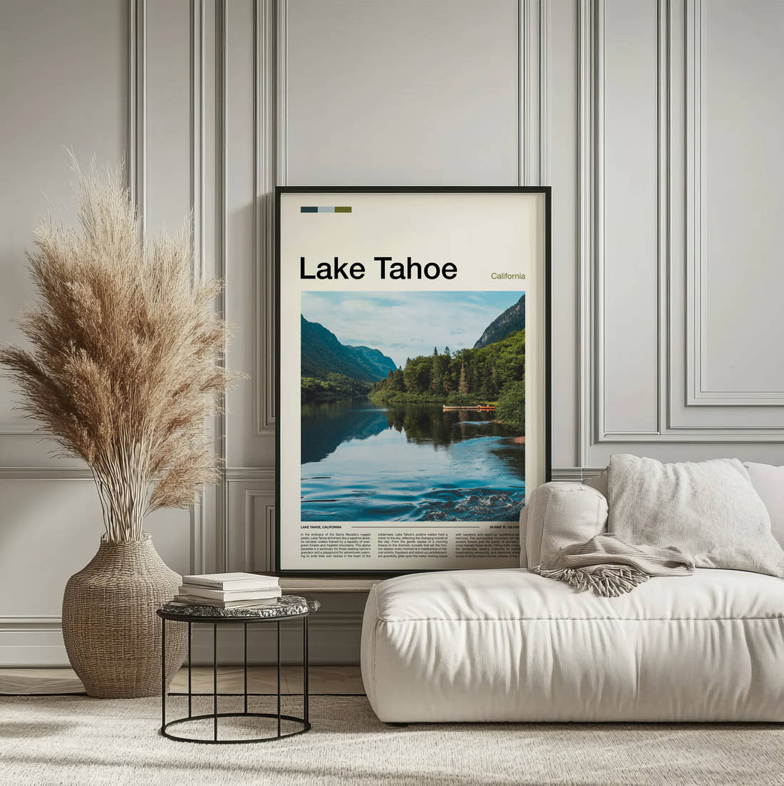 Lake Tahoe Pines Beside The Lake Travel Print framed on the wall of a calm, neutral bedroom