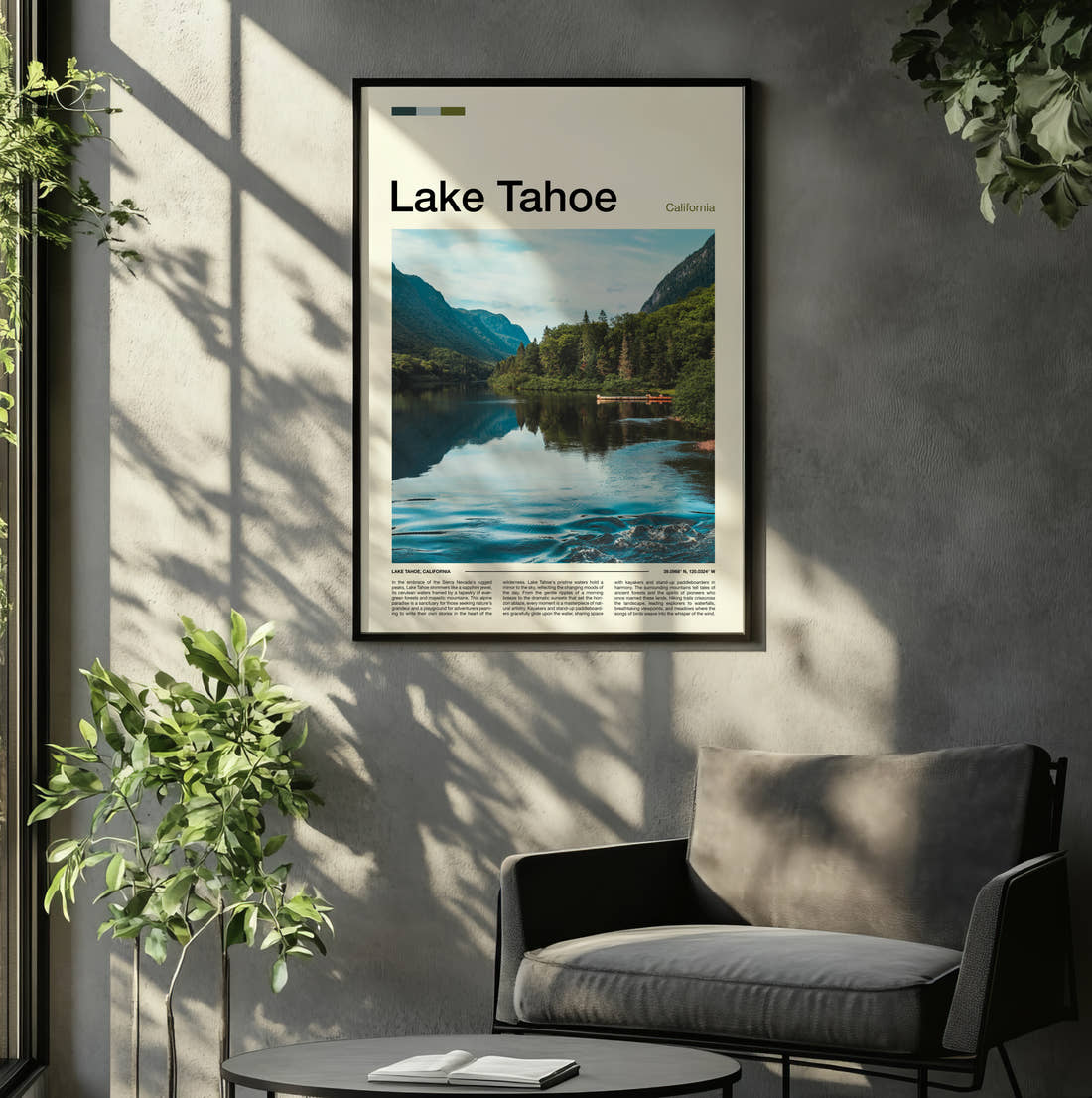 Lake Tahoe Pines Beside The Lake Travel Print framed on the wall of a relaxed living room