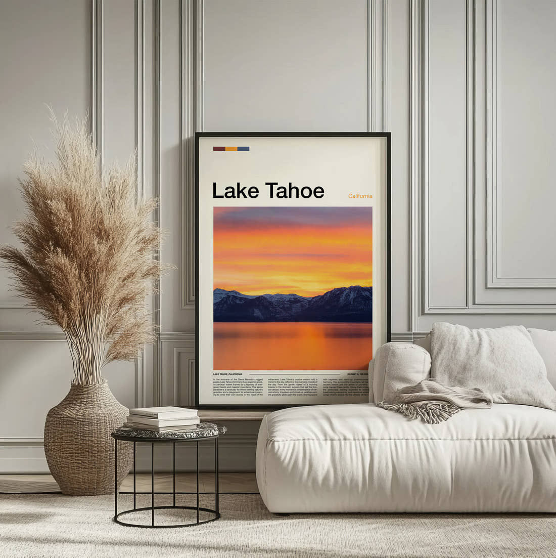 Lake Tahoe Orange Sunset Over Mountains Travel Print framed on the wall of a calm, neutral bedroom