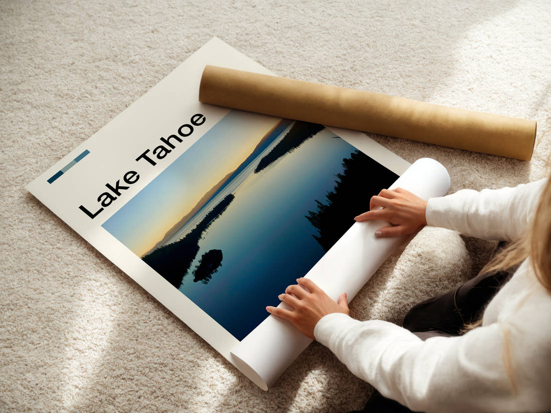 Lake Tahoe Emerald Bay Travel Print being unrolled from its postal tube