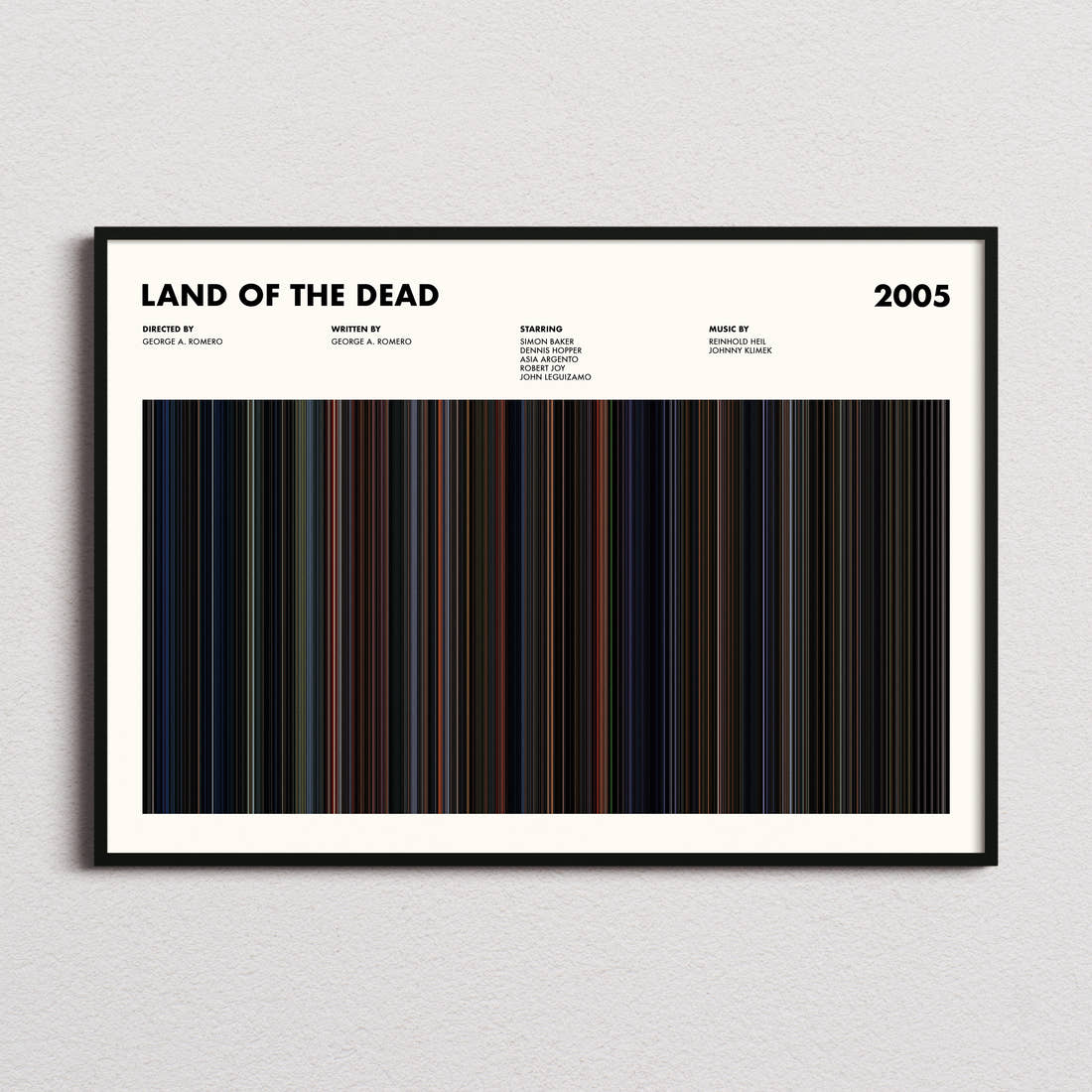 Land of the Dead Movie Barcode Poster framed and photographed straight on