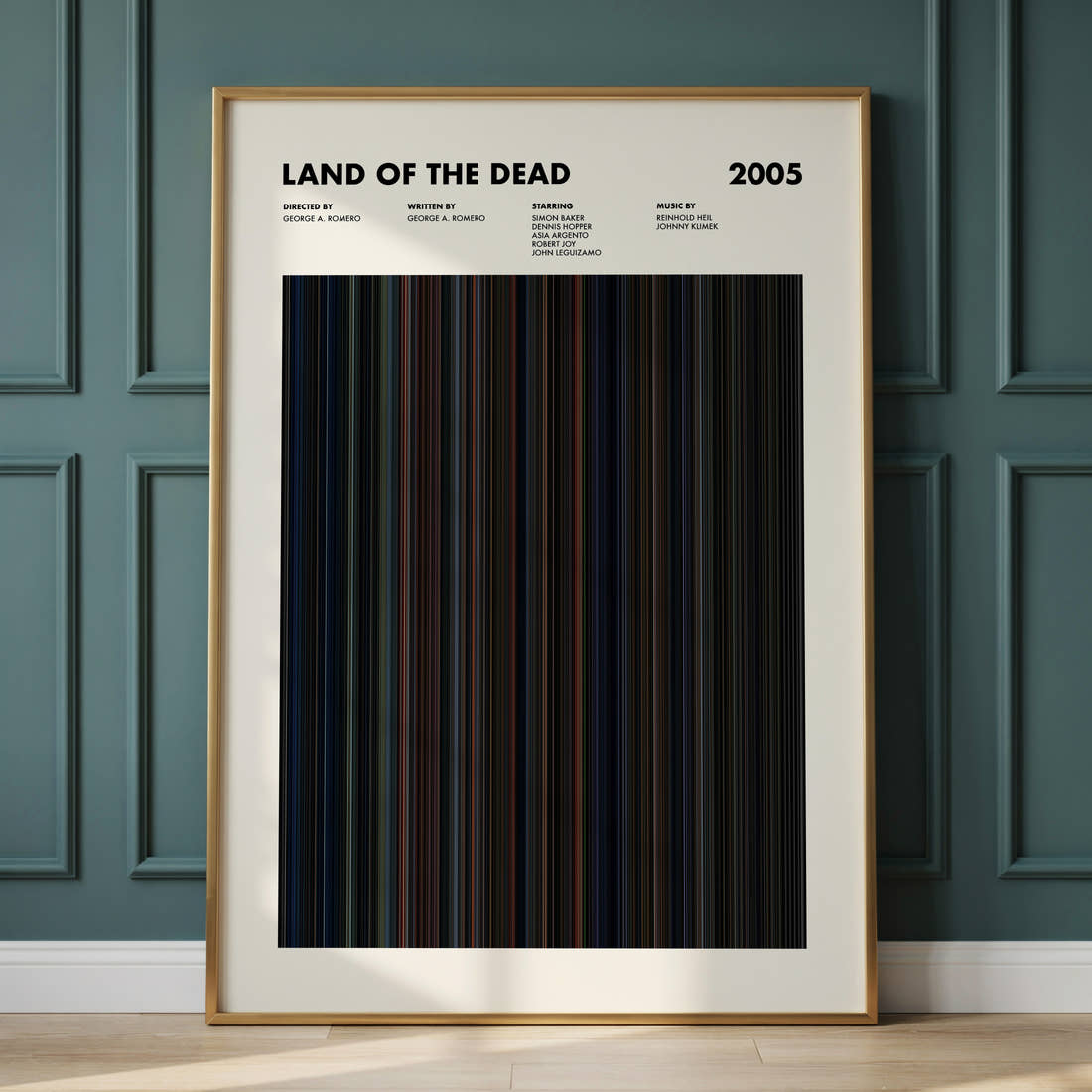 Land of the Dead Movie Barcode Poster framed and leaning against a panelled wall