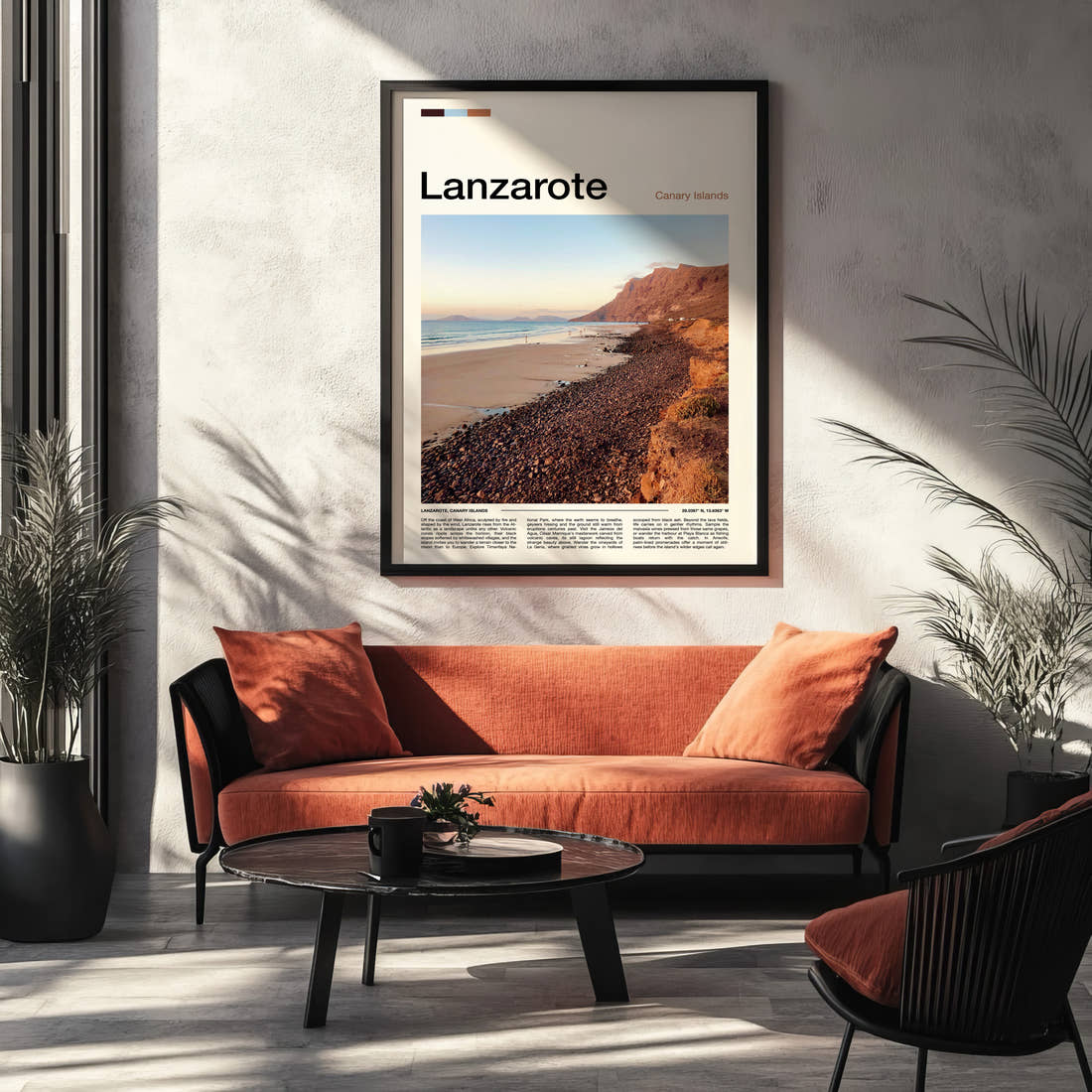 Lanzarote Volcanic Coastal Cliffs Travel Print framed on the wall of a modern living room